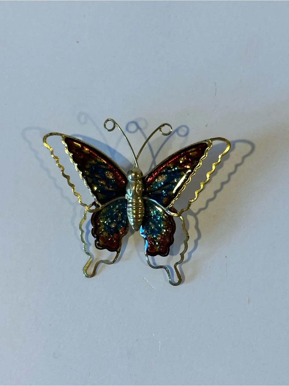 Vintage Butterfly Multicolor Enamel Cloisonne Brooch Pin in Gold